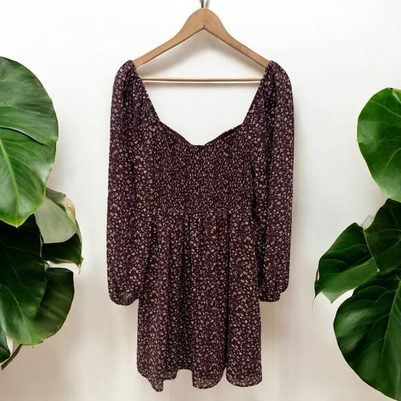 Lush Boho Smocked Sweetheart Milkmaid Dress in Brown Berry Floral - S | Small - Picture 6 of 11